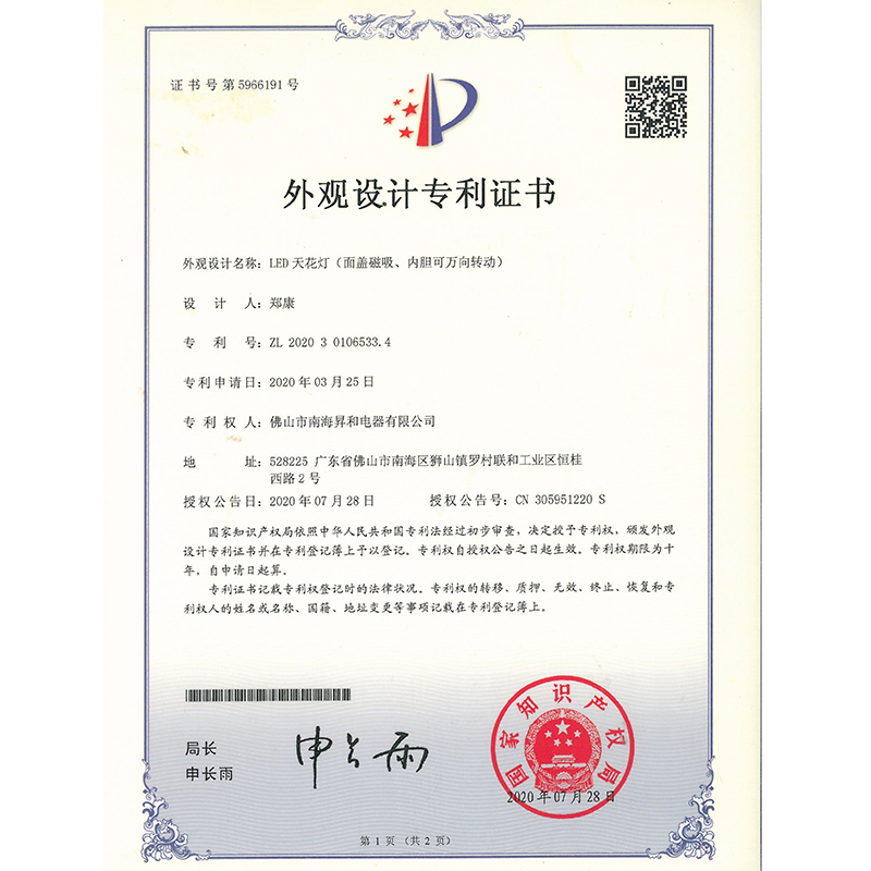 Zertifikat des Patents für Design (LUC2403)