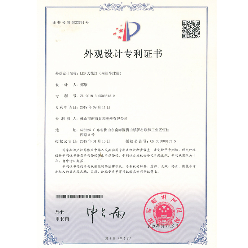 Zertifikat des Patents für Design (ALSU2919)