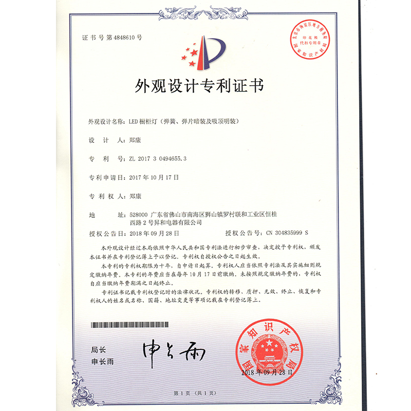 Zertifikat des Patents für Design (FSD1105)