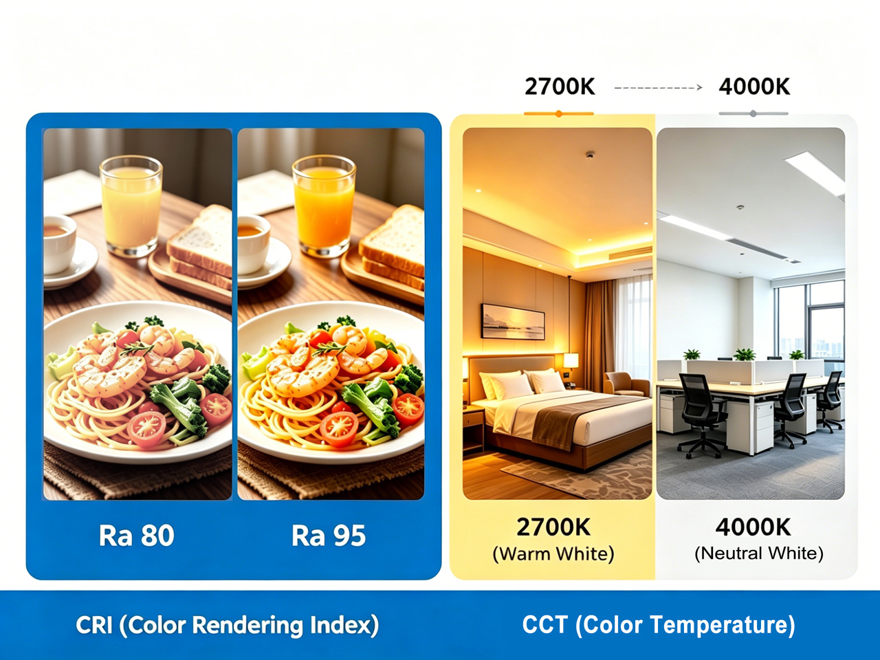 Commercial LED downlight CRI and CCT comparison