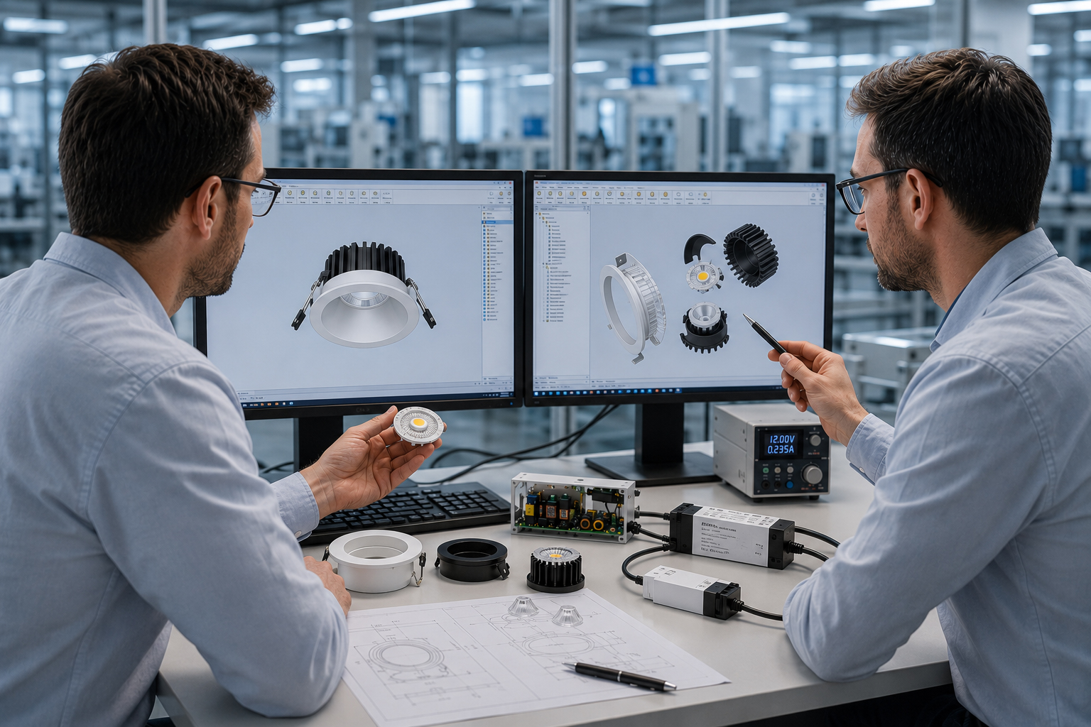Engineers designing custom LED engines and downlight housings Engineers designing custom LED engines and downlight housings