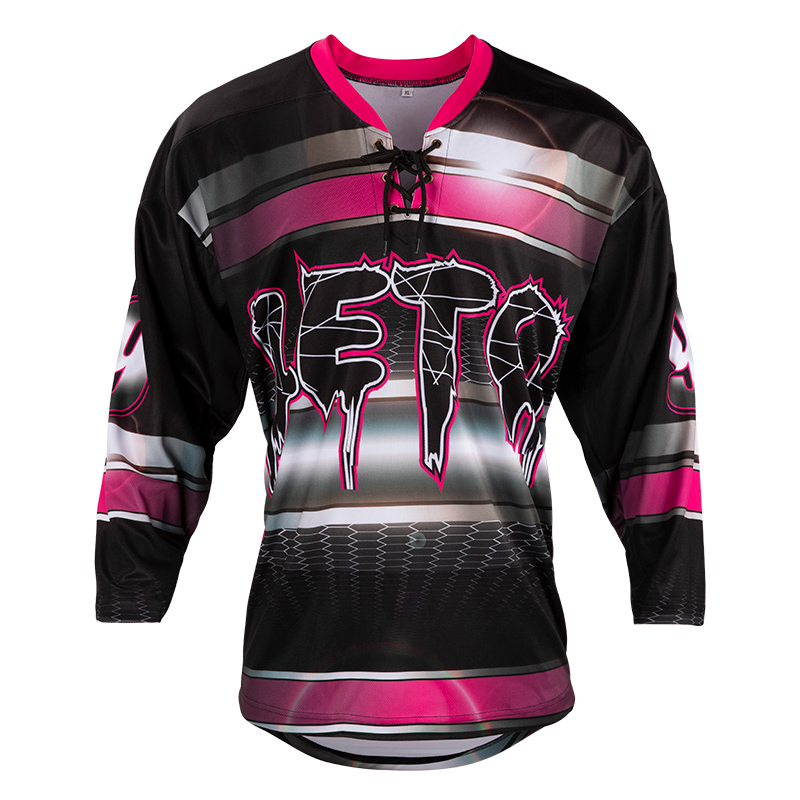 Custom lace neck Hockey Lace Neck Jersey Black Pink-Light Blue Hockey Jersey  - FansIdea
