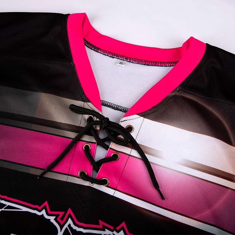 Custom lace neck Hockey Lace Neck Jersey Black Pink-Light Blue Hockey Jersey  - FansIdea