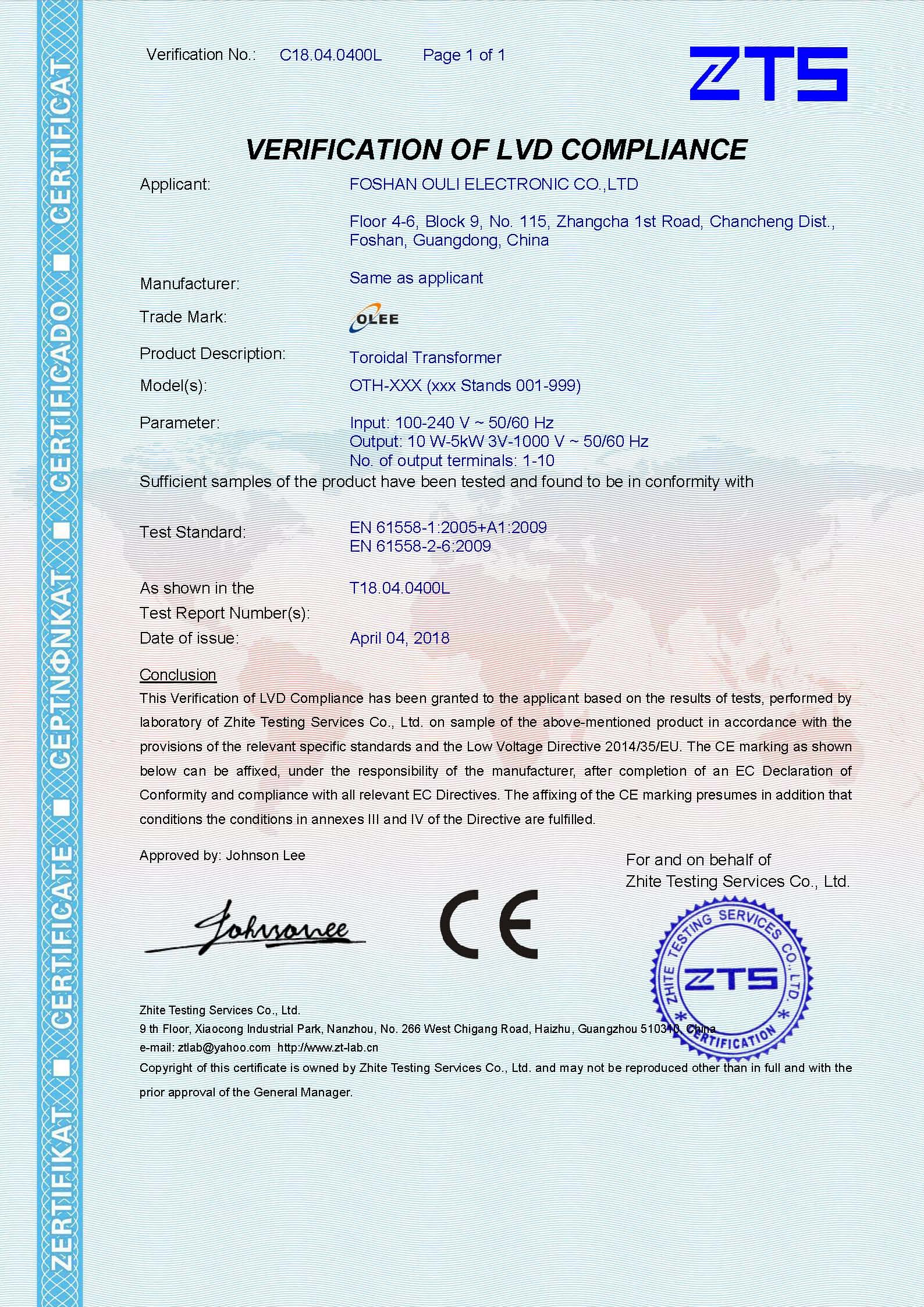 Toroidal Transformer CE-LVD-T18.04.0400L