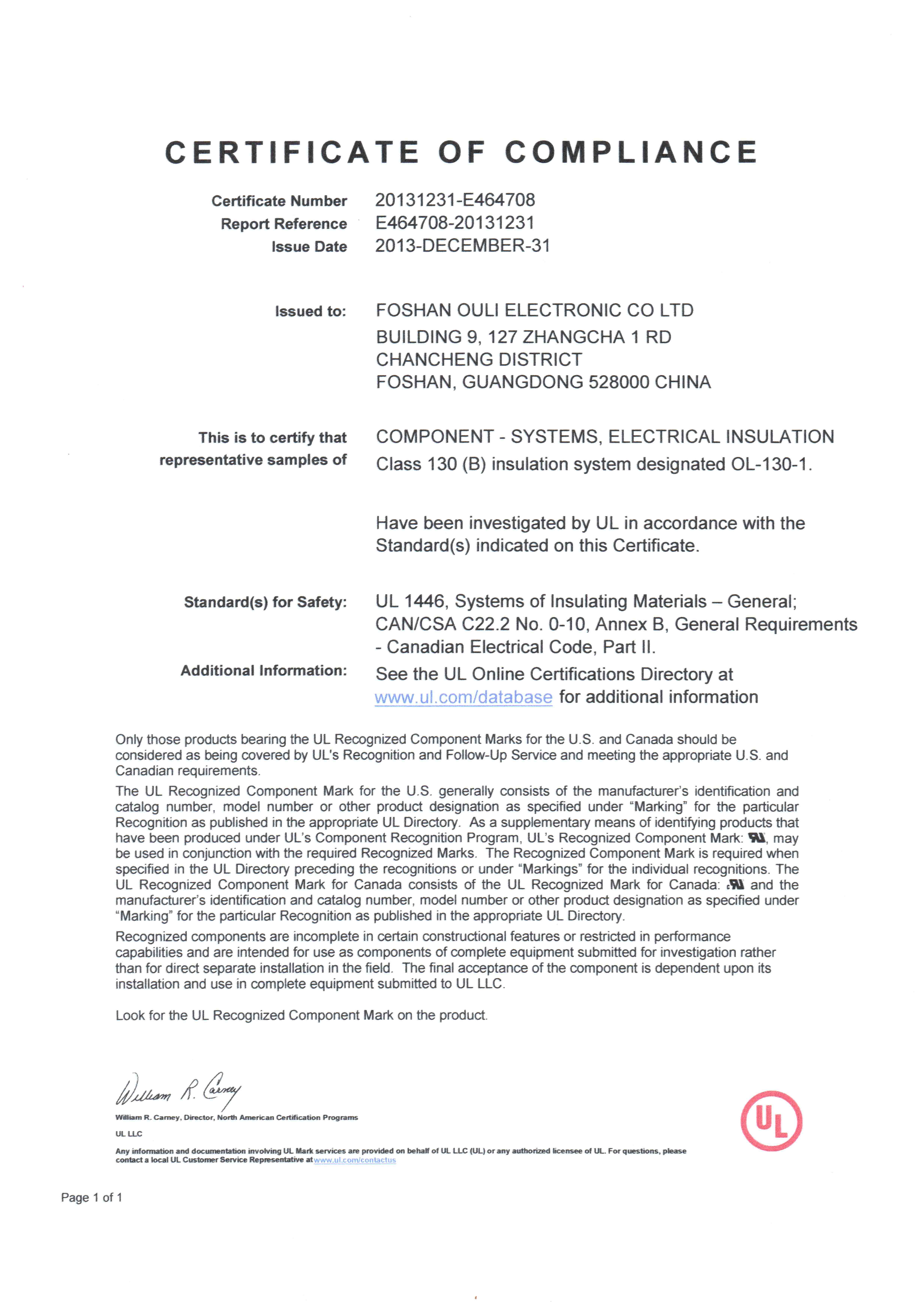 UL 1446 - insulation class B 130 - E464708 UL 1446 - insulation class B 130 - E464708