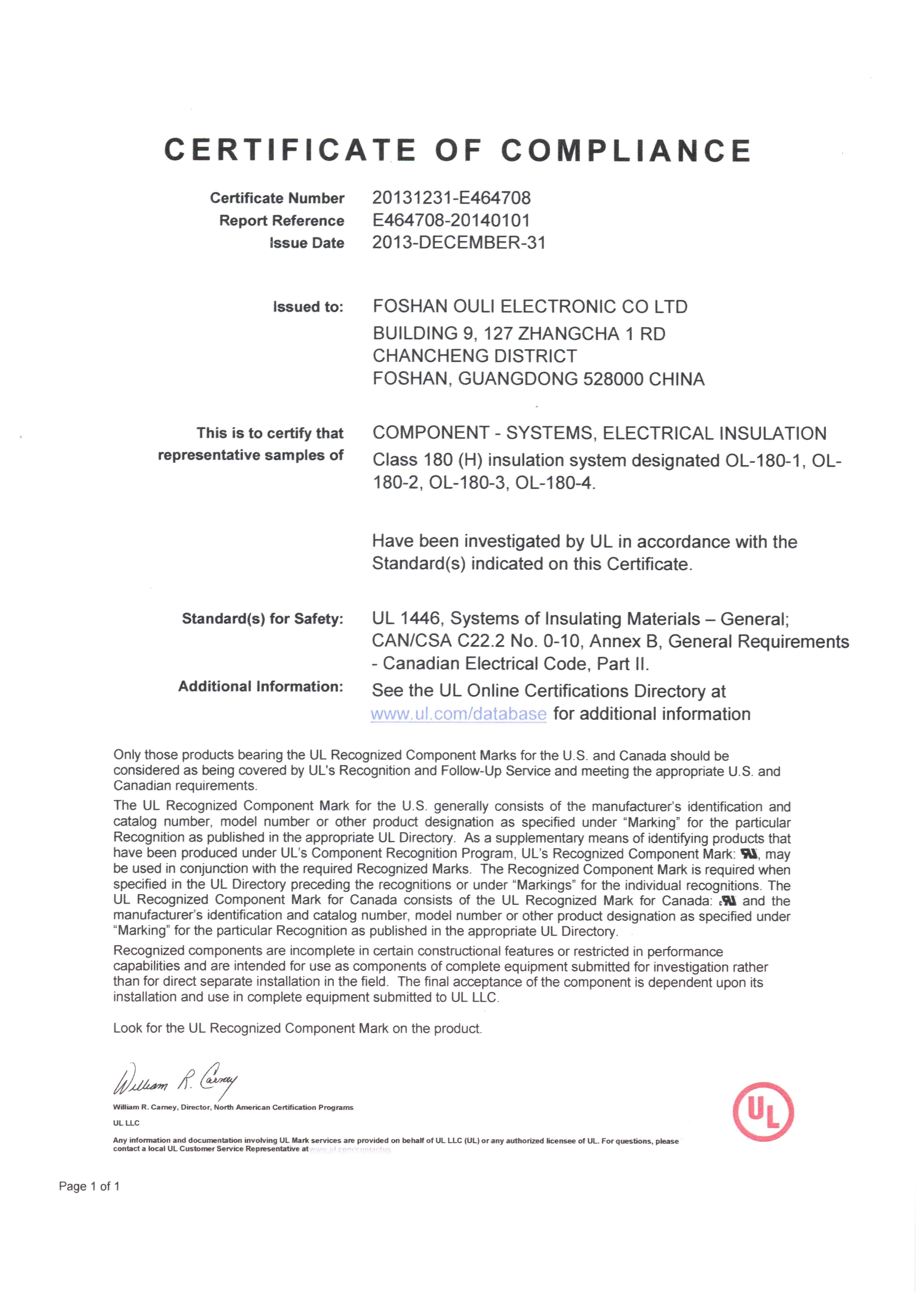 UL 1446 - insulation class H 180 - E464708 UL 1446 - insulation class H 180 - E464708