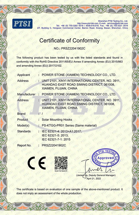 CE certificate of Conformity for Solar Mounting Hooks