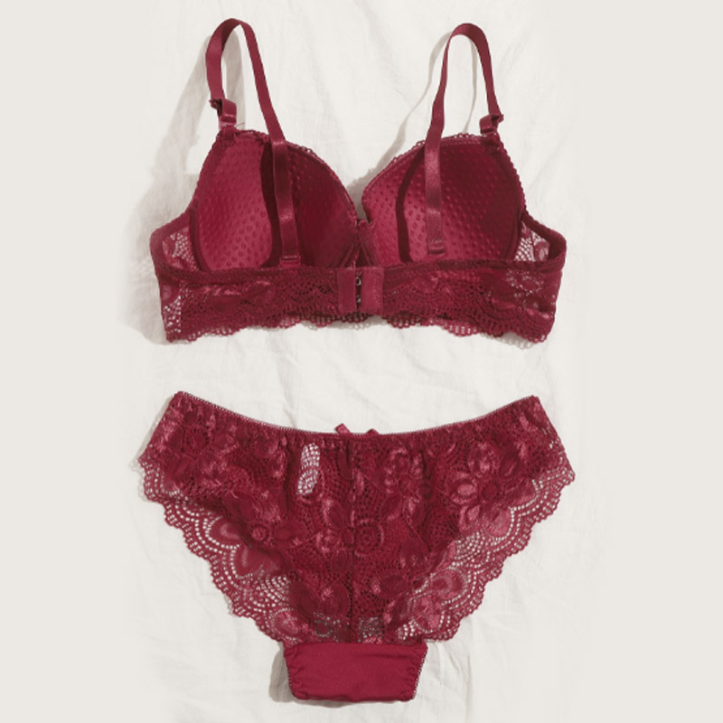 Women Sexy Red Cotton Lace Bow Bra Panty