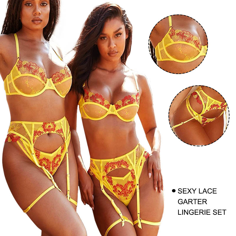Ladies Yellow Embroidered Lace Lingerie With Garter