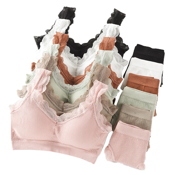 Ladies Ribbed Cotton Lace Bra And Underwear Set