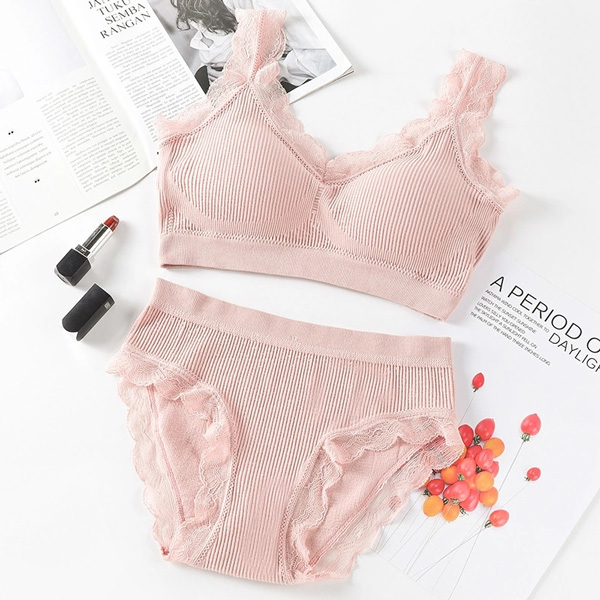 Ladies Ribbed Cotton Lace Bra And Underwear Set