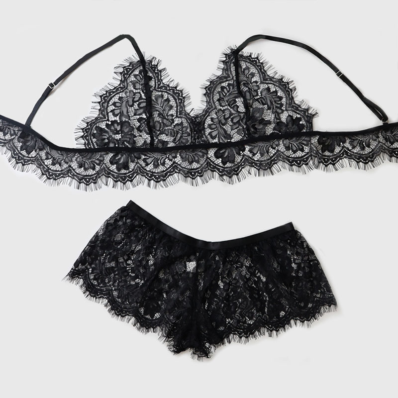 Ladies French Black Mesh Lace Lingerie Set