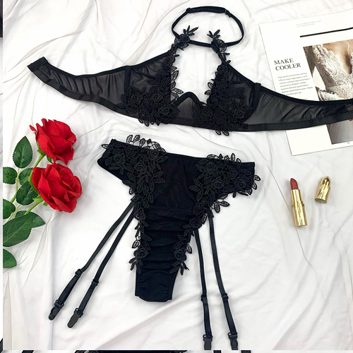 Women Sexy Black Transparent Lace Lingerie Set