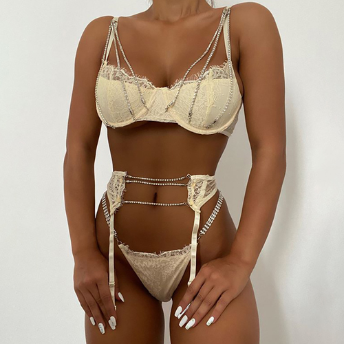 Ladies Sexy Rhinestone Royal Blue Lace Lingerie