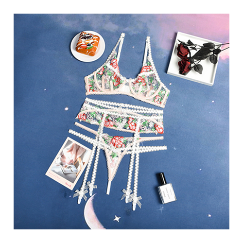 Pink Embroidered Garter Lingerie For Curvy Women