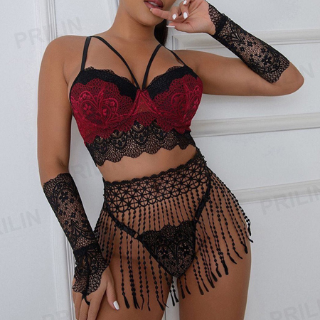 Ladies red and black Classic Tassel Lace Lingerie