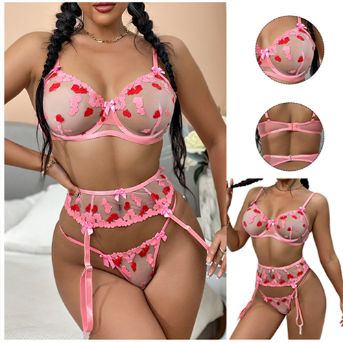 Ladies Pink Love Mesh Garter Lingerie Set