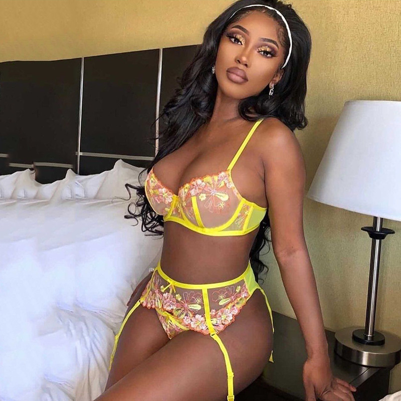 Ladies Yellow Embroidered Garter Lingerie