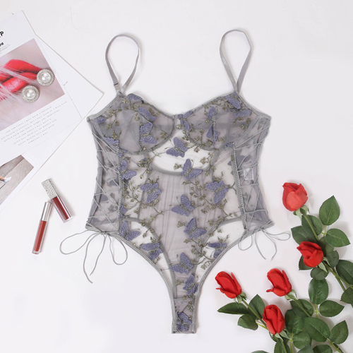 Ladies Grey Embroidery Lace Bodysuit Lingerie