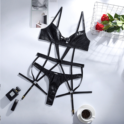 Ladies Black Leather Garter Lingerie Set
