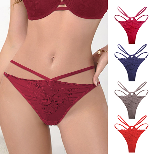 Women Ice Nylon Embroidery Thong Panties