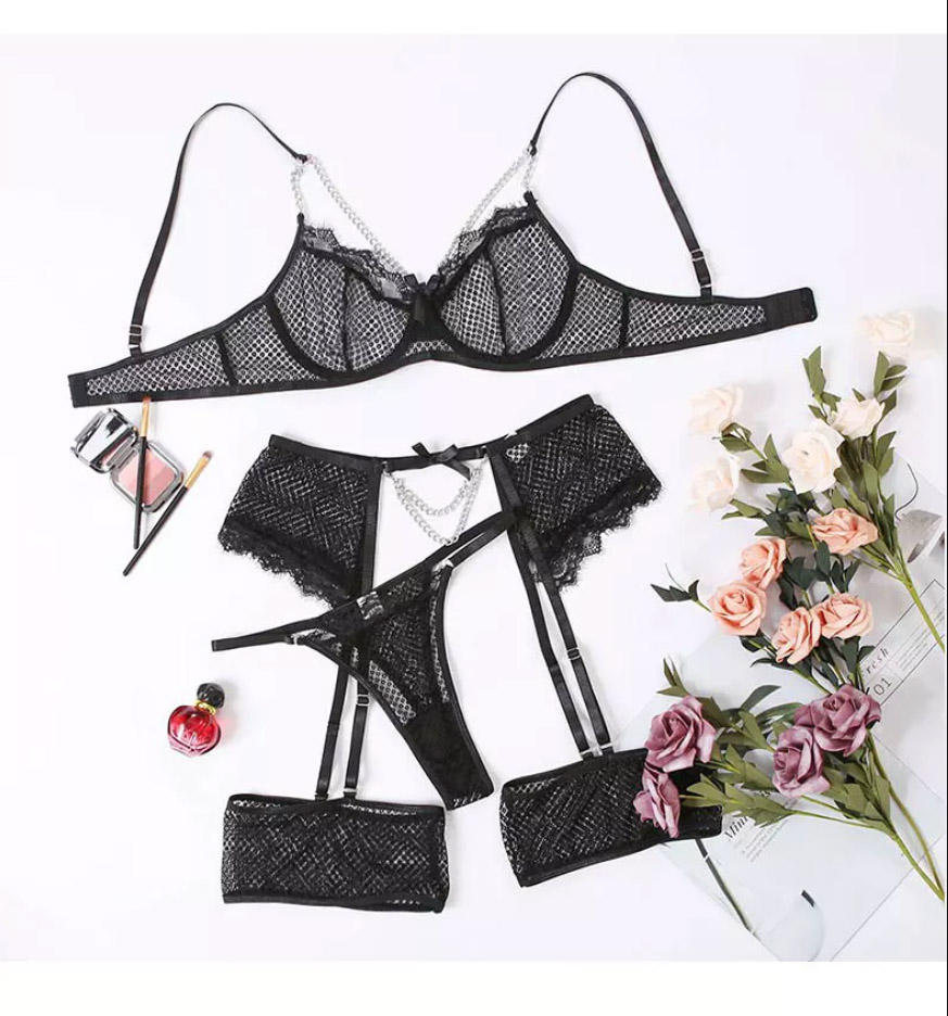 Lady Mesh Fabric Fur Design Sexy Chain Lingerie Set