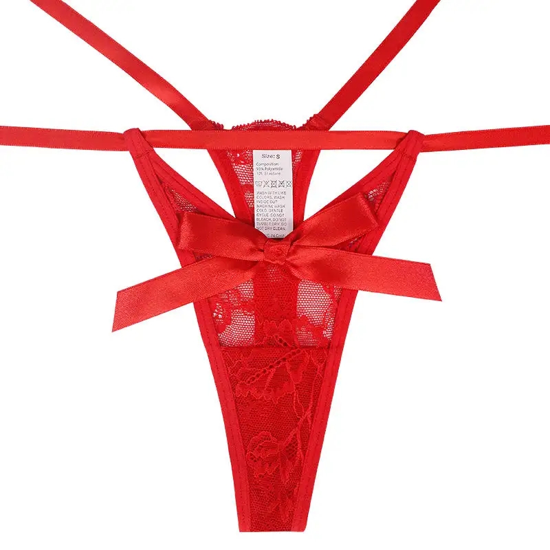 Valentine's Day Bow Silk Ribbon Red Lace Hollow Sexy Tied G String