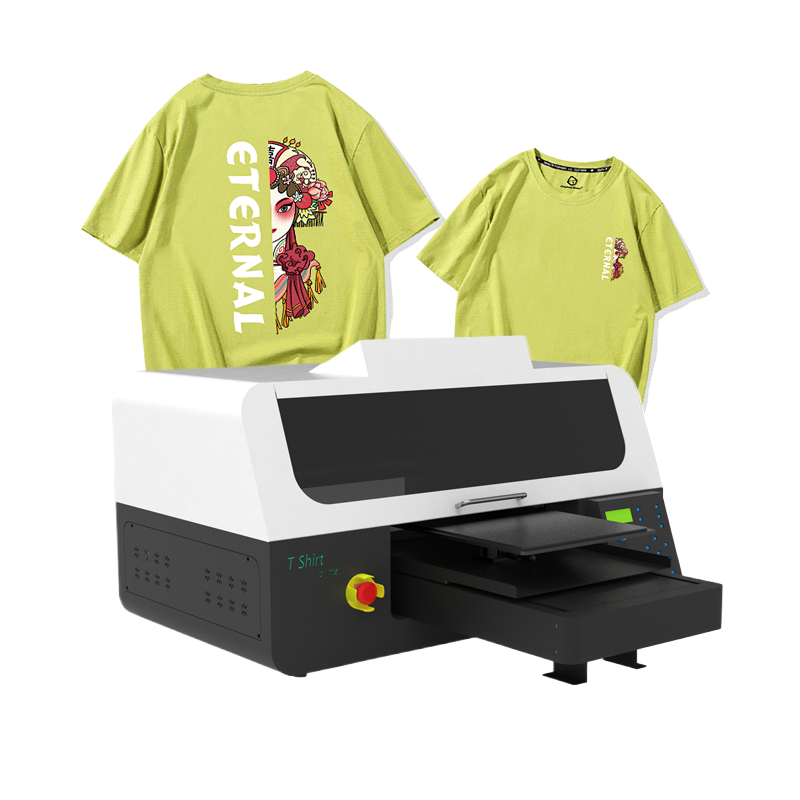 Digitale DTG-printer (Direct-to-Garment) in A3-formaat, geschikt voor het bedrukken van T-shirts, kledingstukken en andere textielproducten.