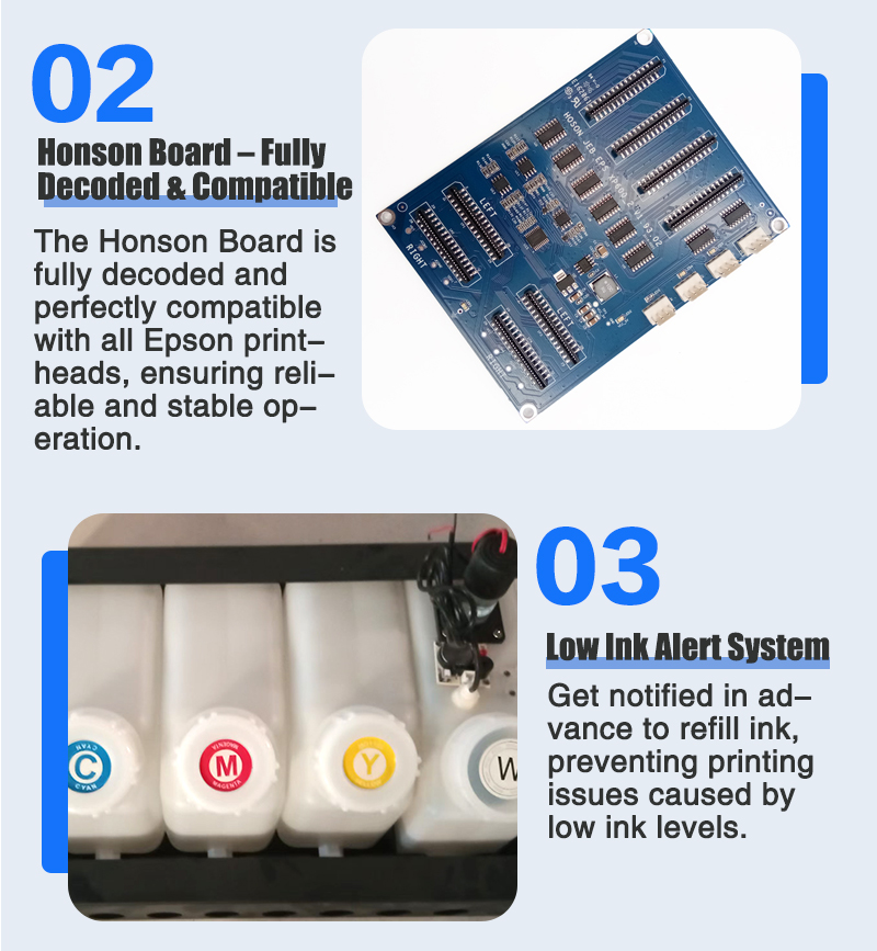 XBH 60cm DTF printer with powder vibration oven for apparel and footwear printing.