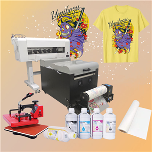 A3 size PET film offset printing T-shirts, DTF printer with multi-head custom patterns and logos using powder-shaking DTF printing.