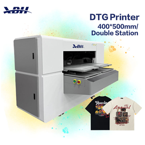 High-speed dual-station DTG printer, 400x500mm, equipped with four I3200 printheads for simultaneous garment printing.