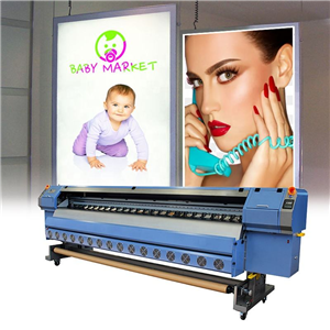 High-speed outdoor solvent-based inkjet printer, equipped with a Konica 4/8 512i printhead, suitable for printing vinyl banner stickers and posters.