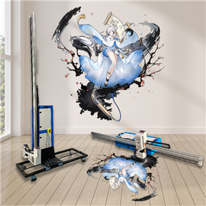 The 3D Vertical Wall Art Printer is equipped with a DX7 printhead and supports printing on metal, glass, wood, and wall surfaces.