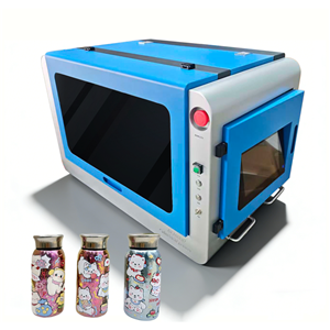 The XBH desktop UV bottle printer features a 360-degree rotating drum and is suitable for printing on cups, cans, and perfume bottles.