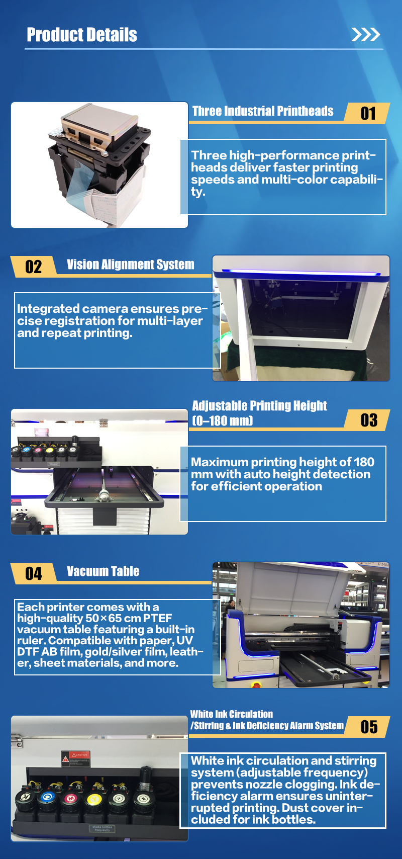 Visual Design 5065: 3-Printhead Flatbed UV Printer (A1/A2 Format) — Suitable for printing on acrylic, wood, tiles, bottles, and mobile phone cases.