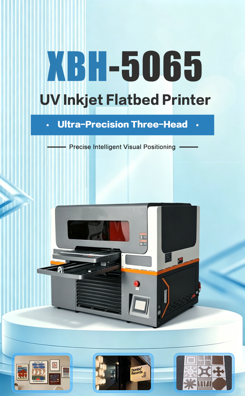 Visual Design 5065: 3-Printhead Flatbed UV Printer (A1/A2 Format) — Suitable for printing on acrylic, wood, tiles, bottles, and mobile phone cases.
