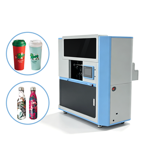 High-speed 360-degree cylindrical UV printer compatible with bottles, cups, jars, glass, metal, ceramic, plastic, and conical materials.