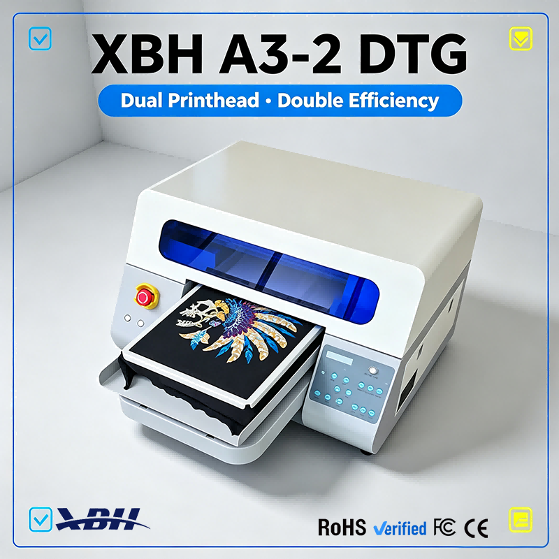 XBH A3-2 DTG Printer - Dual EPS F1080 Printheads 3-Min Full A3 Printing