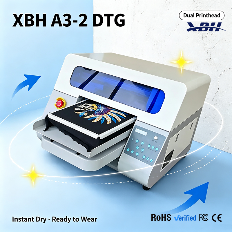XBH A3-2 DTG Printer - Dual EPS F1080 Printheads 3-Min Full A3 Printing