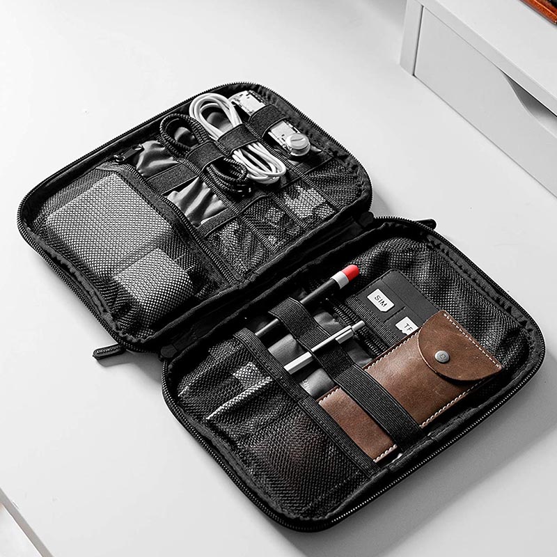 Organizer Per Cavi In Pelle Impermeabile - Borsa Elettronica Da Viaggio 19x12x3.5cm, Porta Hard Disk E Power Bank