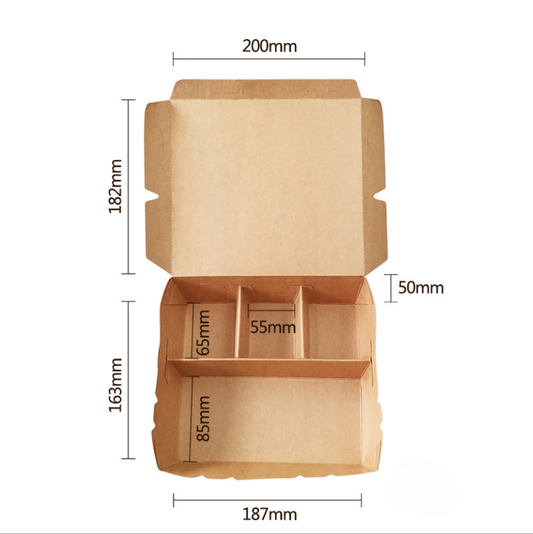 Lancheira de papel kraft biodegradável com 3 compartimentos e tampa