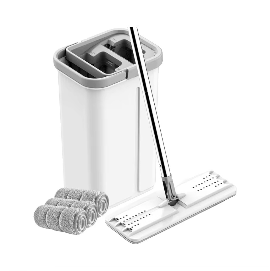 360 Degree Flat Microfiber Mop with Self-Washing and Squeeze Dry Bucket Detachable Handle Steel Pole Handfree Lazy Mop