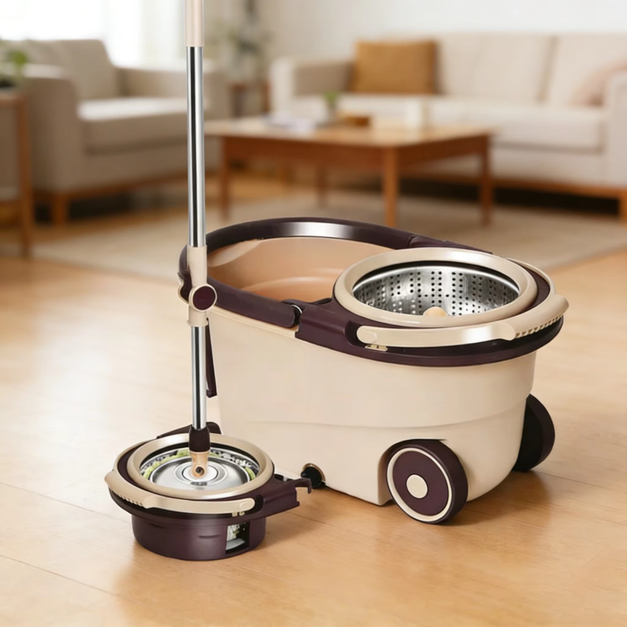 High Quality 360degree Rotating Mopwith Bucket System Stainless Steel Rotating Faucet Ultra-fine Fiber 2 Mop Heads Floor Cleaner