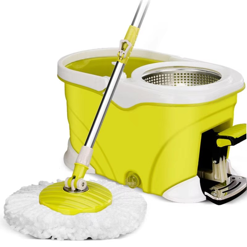 Microfiber Magic Mop Set Stainless Steel Telescopic Pole Detachable Wringer Spin Roller Plastic Bucket for Scratch-Free Cleaning