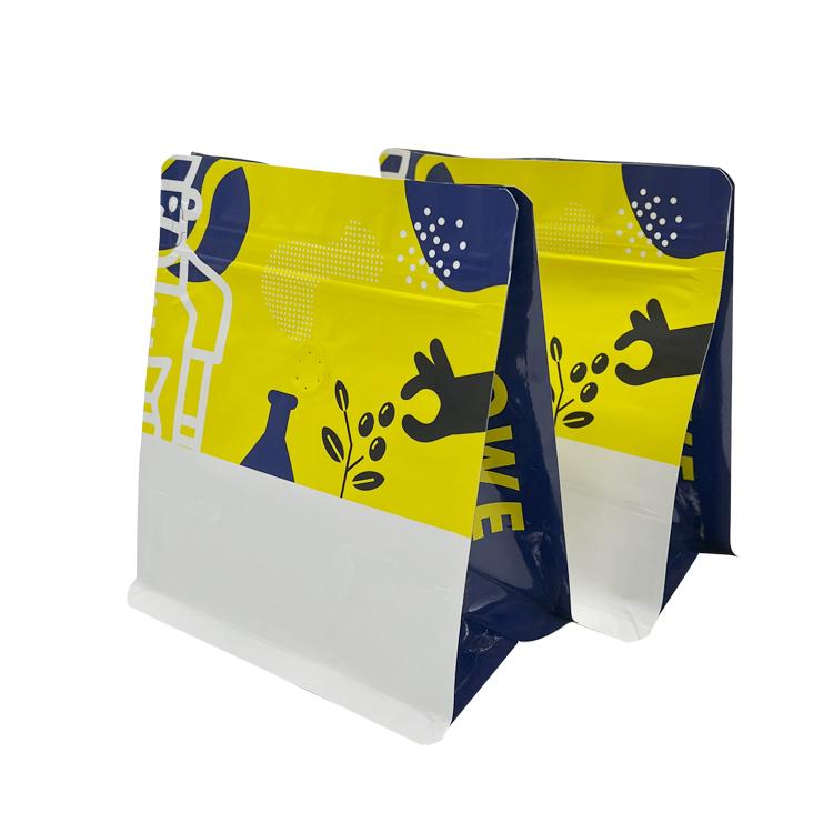 أكياس قهوة مسطحة القاعدة مطبوعة حسب الطلب بألوان زاهية مع صمام لتفريغ الغاز