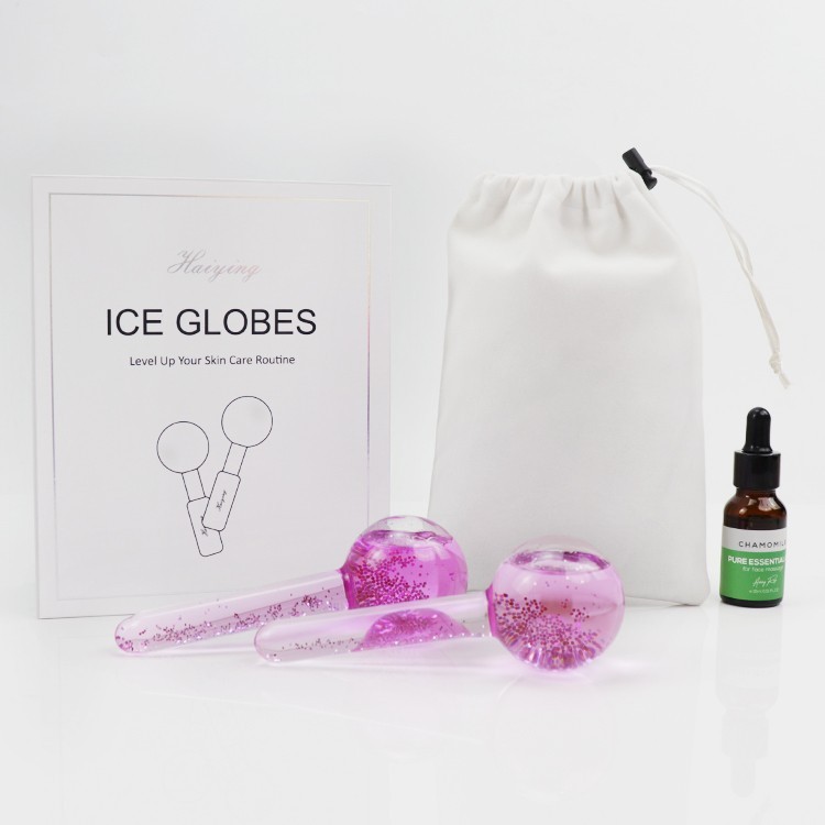 Multi-Functional Beauty Glitter Blue Pink Purple Ice Globes Massage Cooling Cold roller ball Glass Freeze Facial Ice Globes