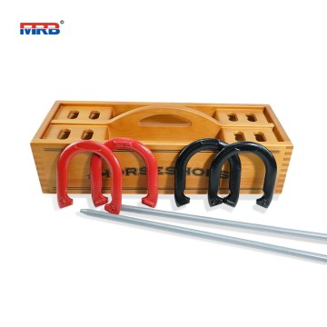 Professional Grade Horseshoe Set Heavy Duty Set with Wooden box 4 Horse Shoes and 2 Poles for Outdoor Fun