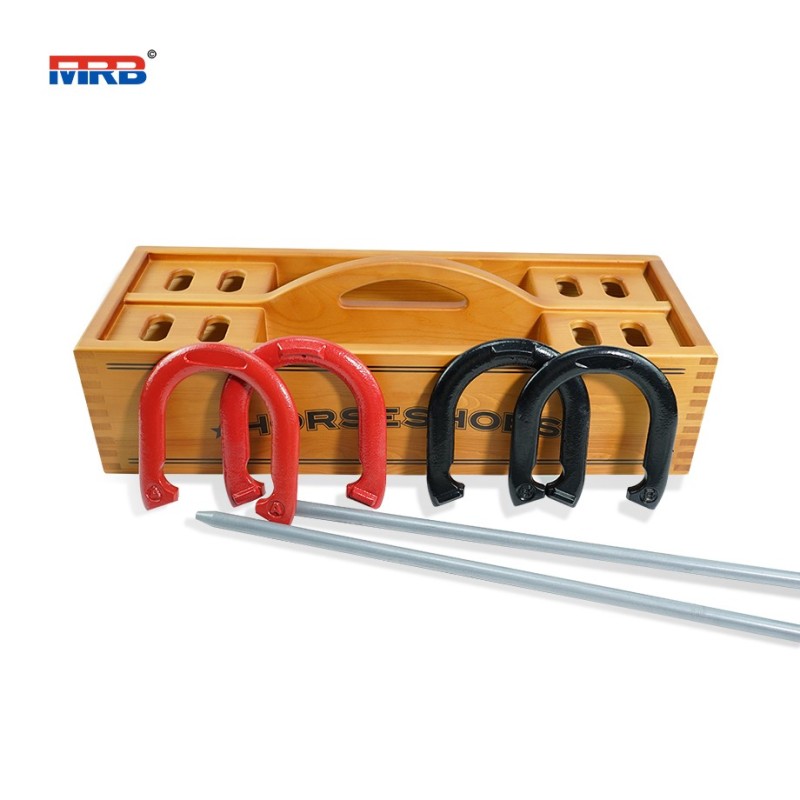 Professional Grade Horseshoe Set Heavy Duty Set with Wooden box 4 Horse Shoes and 2 Poles for Outdoor Fun