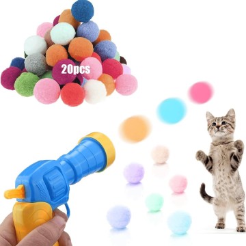 20 Pom Pom Balls Cat Toy Ball Launcher Safe Durable Interactive Indoor Cat Fetch Toy Plush Ball Shooting Gun for Adult Cats