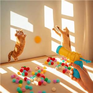 20 Pom Pom Balls Cat Toy Ball Launcher Safe Durable Interactive Indoor Cat Fetch Toy Plush Ball Shooting Gun for Adult Cats